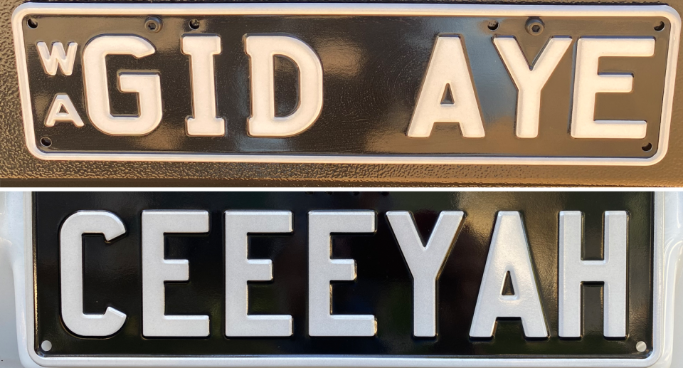 His SUV number plate reads 'GID AYE' (left) with the camper trailer plate reading 'CEEEYAH'.