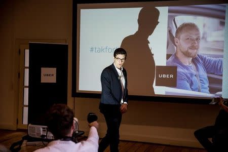 Uber Denmark's spokesperson Kristian Agerbo is seen during a news conference to announce Uber's end of service in Denmark due to a taxi law that sets out new requirements for drivers such as mandatory fare meters, in Copengagen, Denmark March 28, 2017. Scanpix Denmark/Nikolai Linares/via Reuters