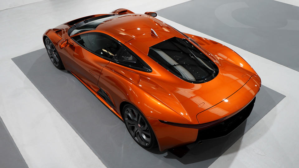 A rear 3/4 view of the 2015 Jaguar C-X75 from "Spectre"