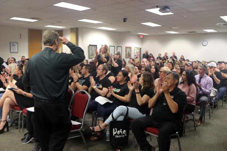 Multiple teachers, many wearing Visalia Unified Teacher Association T-shirts, spoke about their experiences in Visalia Unified classrooms, specifically their concerns surrounding student and teacher safety.