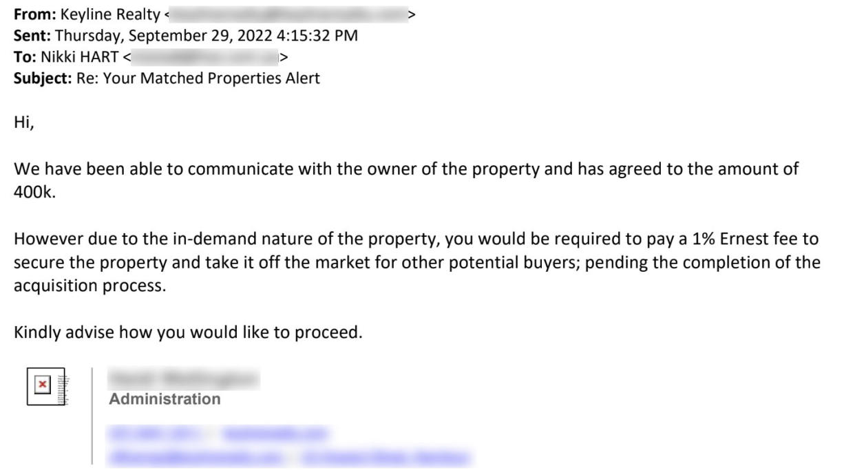 An email from a scammer asking for a $4000 property deposit.