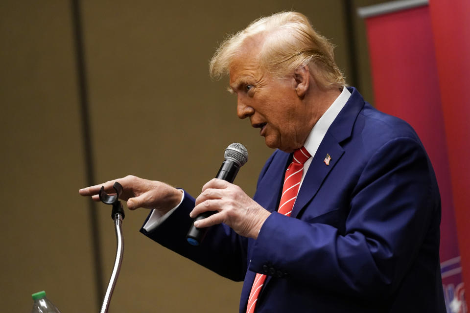 Former President Donald Trump speaks at a Run GenZ campaign event in Des Moines, Iowa, Saturday, Jan. 6, 2024. (AP Photo/Andrew Harnik)