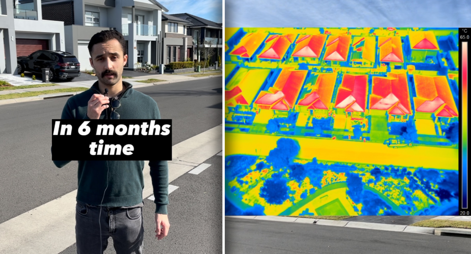 Young planner of the year Samuel Austin (left) standing in the street with a microphone. To the right is a graphic showing how hot western Sydney will be.