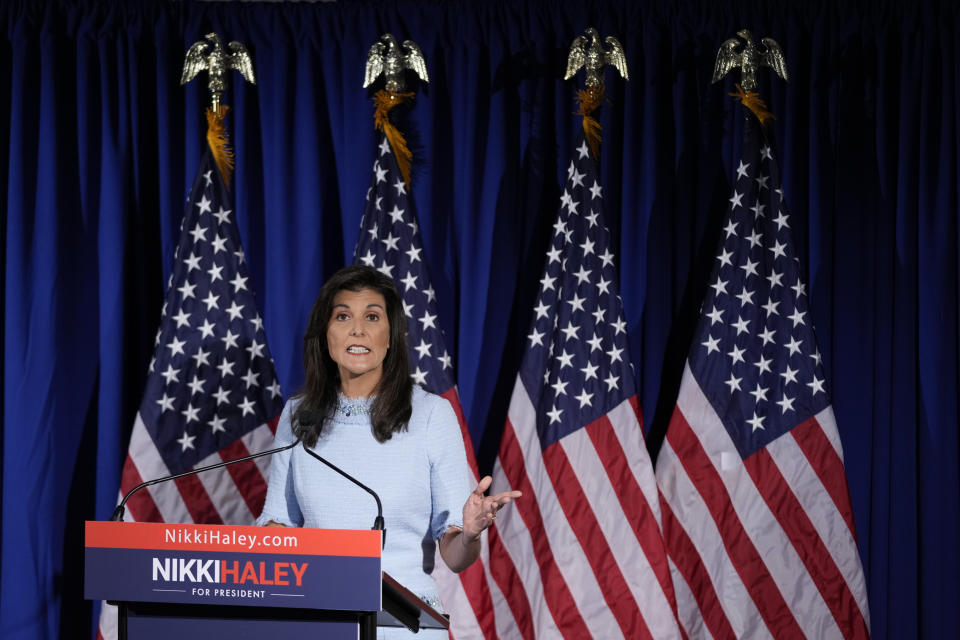 Republican presidential candidate, former ambassador to the United Nations Nikki Haley speaks about her abortion policy, Tuesday, April 25, 2023, in Arlington, Va. (AP Photo/Patrick Semansky)