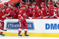 Detroit Red Wings center Robby Fabbri (14) celebrates his goal against the Carolina Hurricanes in the third period of an NHL hockey game Saturday, Jan. 16, 2021, in Detroit. (AP Photo/Paul Sancya)