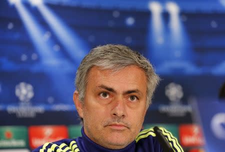 Chelsea coach Jose Mourinho addresses the media before their Champions League Group G soccer match against Schalke 04 in Duesseldorf November 24, 2014. REUTERS/Wolfgang Rattay