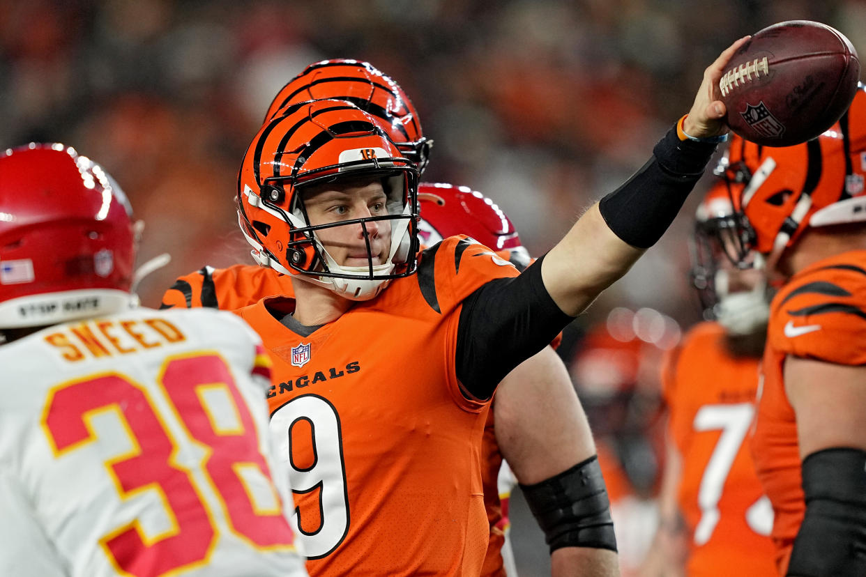 CINCINNATI, OHIO - DECEMBER 04: Joe Burrow #9 of the Cincinnati Bengals reacts after a first down run against the Kansas City Chiefs during the second half at Paycor Stadium on December 04, 2022 in Cincinnati, Ohio. (Photo by Dylan Buell/Getty Images)