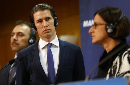 Participants in the conference "Managing Migration Together" address a news conference Vienna, Austria, February 24, 2016. (L-R) Croatia's Interior Minister Vlaho Orepic, Austria's Foreign Minister Sebastian Kurz, Austria's Interior Minister Johanna Mikl-Leitner. REUTERS/Leonhard Foeger