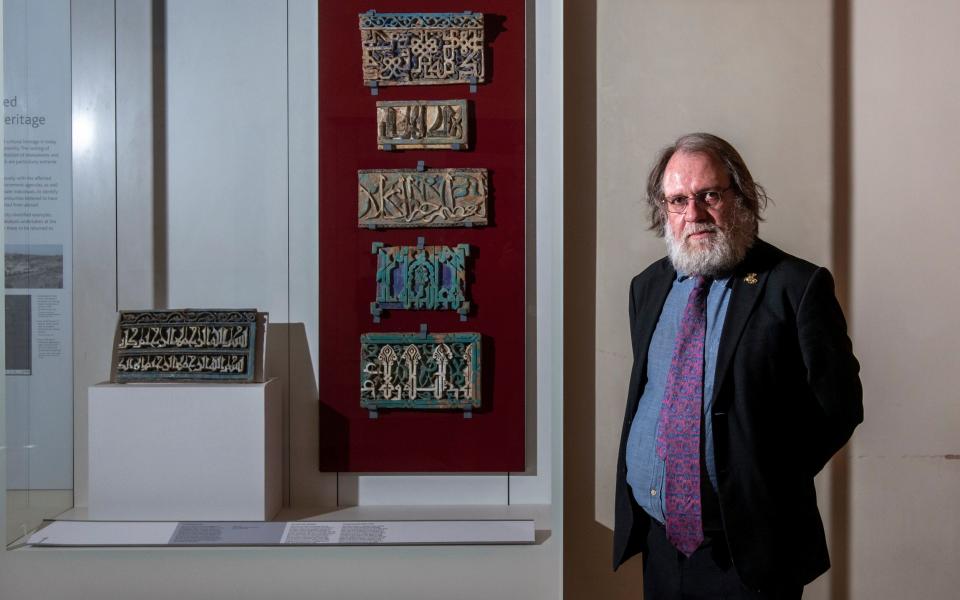 Curator St John Simpson with 14th century tiles from Uzbekistan - Geoff Pugh