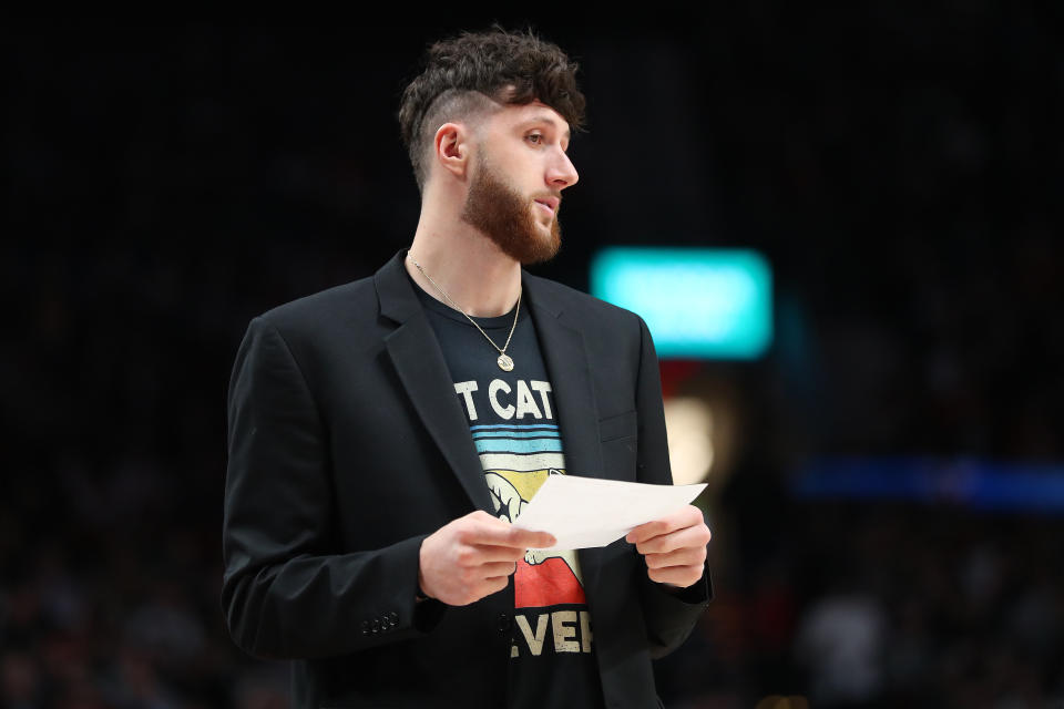 PORTLAND, OREGON - FEBRUARY 25: Jusuf Nurkic #27 of the Portland Trail Blazers reacts in the second quarter while injured against the Boston Celtics during their game at Moda Center on February 25, 2020 in Portland, Oregon. NOTE TO USER: User expressly acknowledges and agrees that, by downloading and or using this photograph, User is consenting to the terms and conditions of the Getty Images License Agreement. (Photo by Abbie Parr/Getty Images)