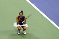 Leylah Fernandez, of Canada, reacts after defeating Aryna Sabalenka,of Belarus, during the semifinals of the US Open tennis championships, Thursday, Sept. 9, 2021, in New York. (AP Photo/Frank Franklin II)