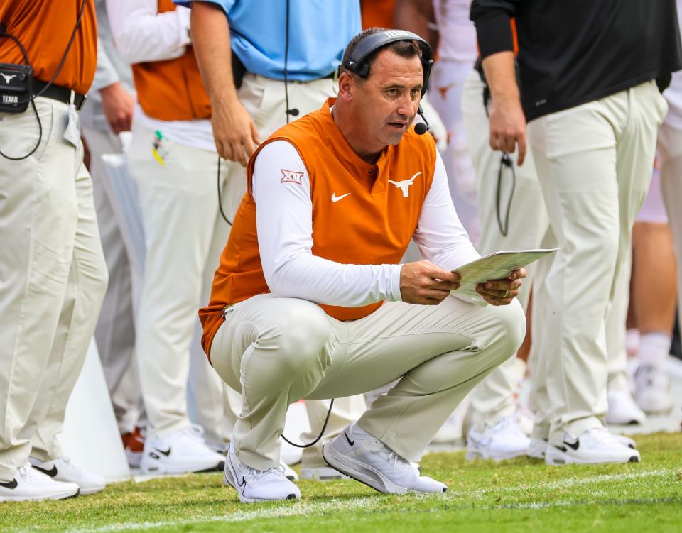 Texas Longhorns head coach Steve Sarkisian during the second half against the TCU Horned Frogs at Amon G. Carter Stadium on Oct. 2, 2021, in Fort Worth, Texas.