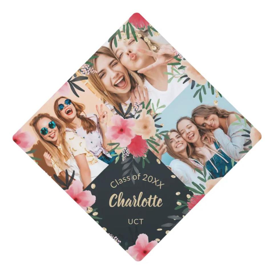 <p><a href="https://go.redirectingat.com?id=74968X1596630&url=https%3A%2F%2Fwww.zazzle.com%2Fname_3_photos_pink_red_floral_glitter_graduate_graduation_cap_topper-256594095310642678&sref=https%3A%2F%2Fwww.thepioneerwoman.com%2Fhome-lifestyle%2Fcrafts-diy%2Fg39693817%2Fgraduation-cap-ideas%2F" rel="nofollow noopener" target="_blank" data-ylk="slk:Shop Now;elm:context_link;itc:0;sec:content-canvas" class="link ">Shop Now</a></p><p>Florals and Photos Graduation Cap</p><p>zazzle.com</p><p>$18.53</p><span class="copyright">Zazzle</span>