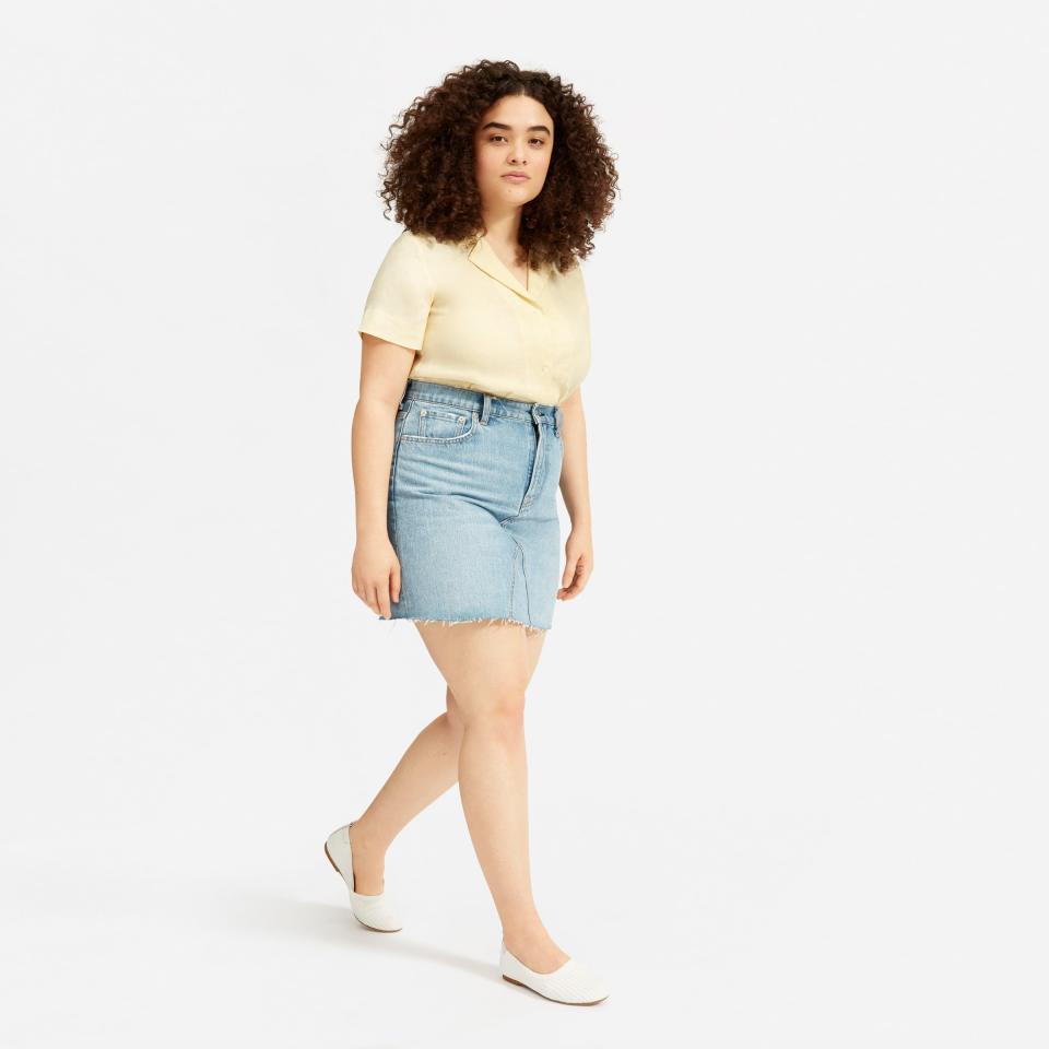 <p><strong>everlane</strong></p><p>everlane.com</p><p><strong>$58.00</strong></p><p><a href="https://go.redirectingat.com?id=74968X1596630&url=https%3A%2F%2Fwww.everlane.com%2Fproducts%2Fwomens-reconstructed-denim-skirt-vntltbluerh&sref=https%3A%2F%2Fwww.goodhousekeeping.com%2Fbeauty%2Ffashion%2Fg32729955%2Fjean-skirt-outfits%2F" rel="nofollow noopener" target="_blank" data-ylk="slk:Shop Now;elm:context_link;itc:0;sec:content-canvas" class="link ">Shop Now</a></p><p>A light wash denim mini skirt will never go out of style. Pair it with a sporty polo shirt and flats for a casual but cute wear <em>anywhere</em> outfit.</p>