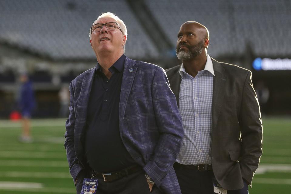 Detroit Lions president and CEO Rod Wood, left, and general manager Brad Holmes at AT&T Stadium in Arlington, Texas before the game vs. the Dallas Cowboys on Saturday, Dec. 30, 2023.