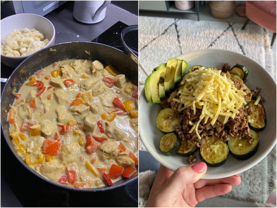 Coconut chicken curry with cauliflower 'rice' and Mexican-spiced beef.