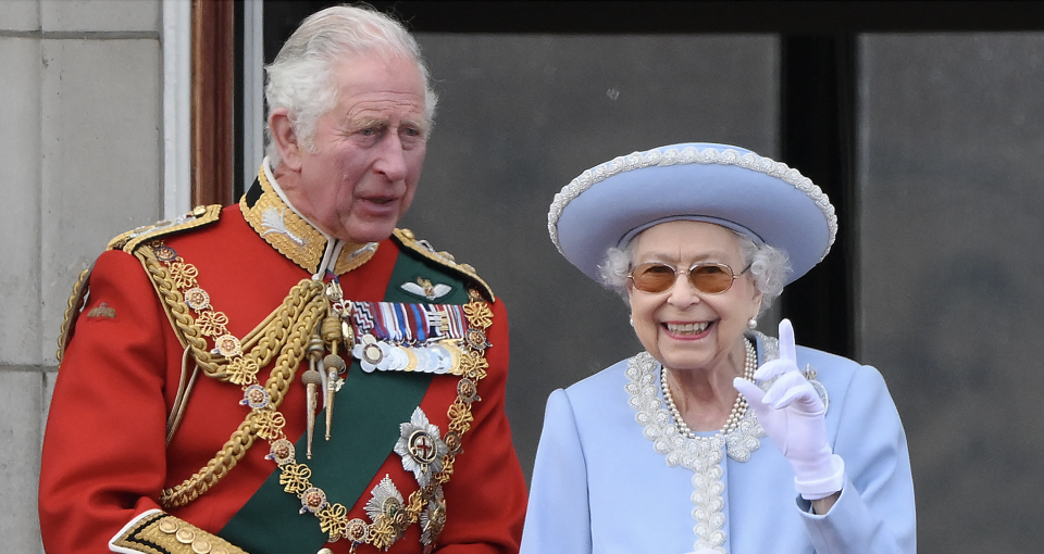 The Queen stands with the now King of England, Charles III, at the Trooping the Colour event as part of the 2022 Jubilee celebrations. (Photo via DANIEL LEAL/AFP via Getty Images)