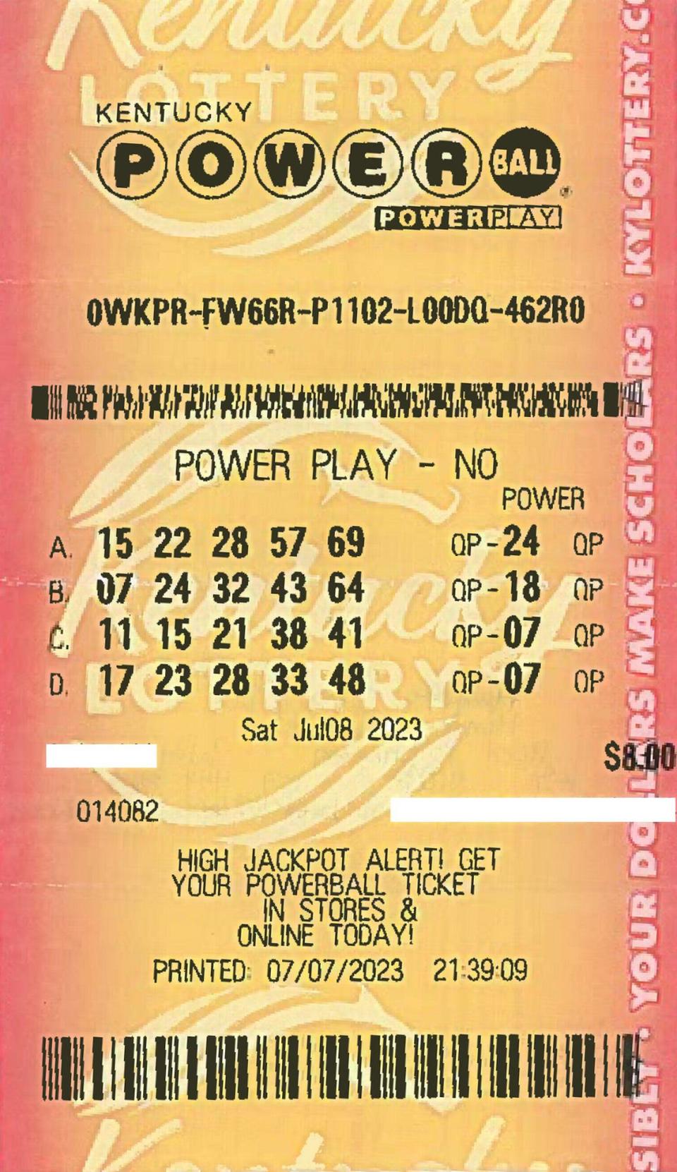 A Kentucky man won $50,000 playing Powerball Saturday with this ticket, matching four numbers and the red Powerball. Monday’s estimated jackpot has grown to $675 million.