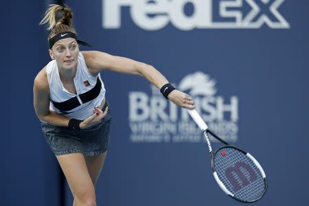 Mar 21, 2019; Miami Gardens, FL, USA; Petra Kvitova of Czech Republic serves against Maria Sakkari of Greece (not pictured) in the first round of the Miami Open at Miami Open Tennis Complex. Geoff Burke