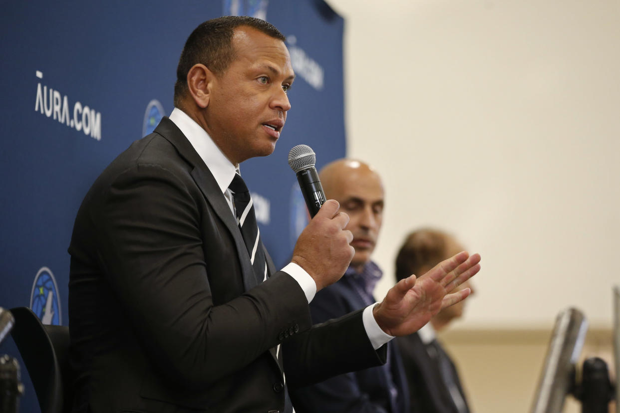 Sep 27, 2021; Minneapolis, MN, USA; Limited partner and alt-governor for the Minnesota Timberwolves Alex Rodriguez answers questions during a press conference at media day. Mandatory Credit: Bruce Kluckhohn-USA TODAY Sports