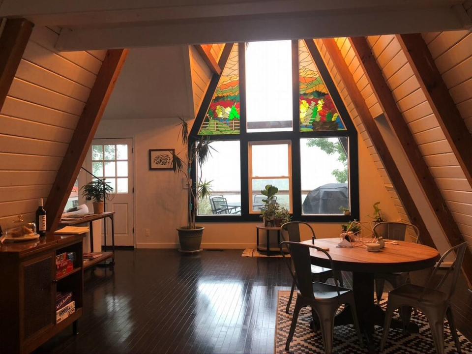 The Chalet Shiloh A-frame offers a view of Grandfather Mountain.