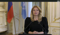 In this photo made from UNTV video, Zuzana Caputova, President of Slovakia, speaks during a pre-recorded message speaks in a pre-recorded message which was played during the 75th session of the United Nations General Assembly, Wednesday, Sept. 23, 2020, at UN Headquarters. (UNTV Via AP )