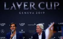 Bjorn Borg of Sweden (R) sits beside as Switzerland's Roger Federer addresses a news conference to promote the Laver Cup tennis tournament in Geneva, Switzerland February 8, 2019. REUTERS/Arnd Wiegmann
