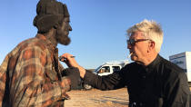 <p>David Lynch (right) puts some finishing touches on the Woodsman (Robert Broski).<br>(Photo: Showtime/Paramount/CBS Home Entertainment) </p>