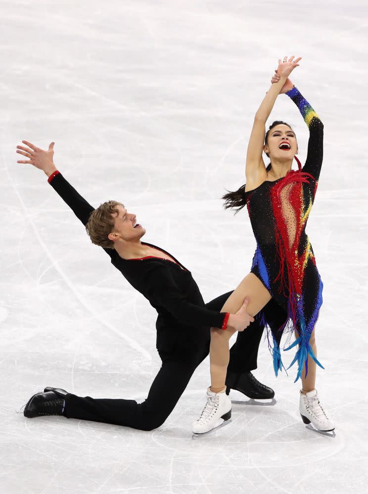 From left: ice dancers Evans Bates and Madison Chock competing in the short dance portion of their event at the 2018 Winter Olympics