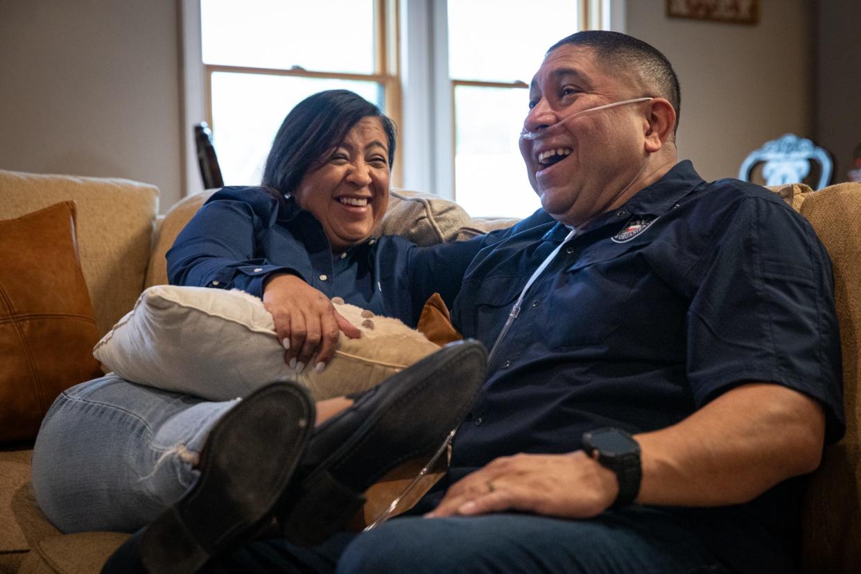 Burn Pits 360 nonprofit founders Le Roy and Rosie Torres enjoy a light moment at their home in Robstown last month. The couple spent 13 years pushing a bill through Congress to extend veterans health benefits to those made ill by exposure to burn pits during service. The bill was signed into law by President Joe Biden in 2022.