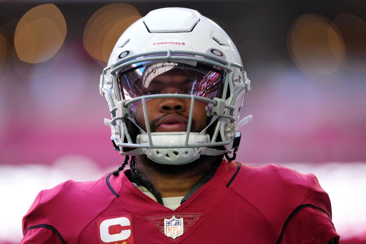 Nov 27, 2022; Glendale, Arizona, USA; Arizona Cardinals quarterback Kyler Murray (1) warms up prior to facing the Los Angeles Chargers at State Farm Stadium.