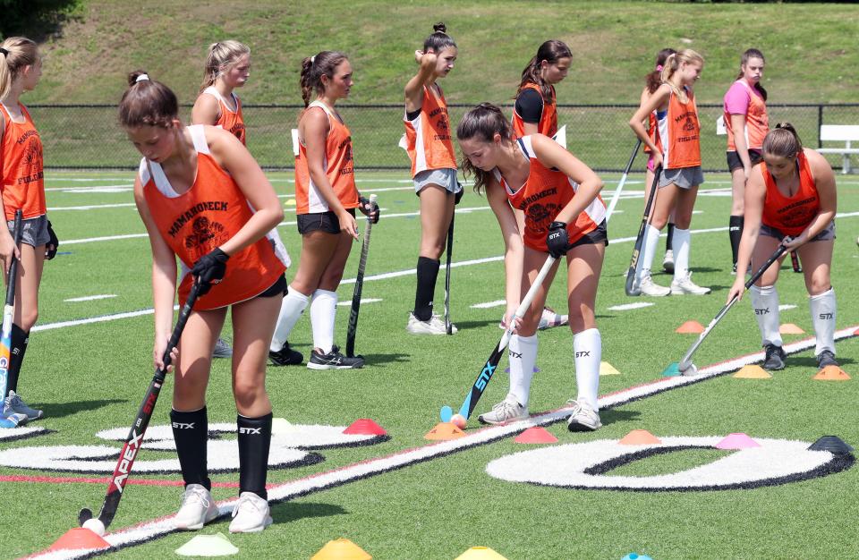 Mamaroneck field hockey players run through a drill during  practice at Mamaroneck High School  Aug. 22, 2023. 