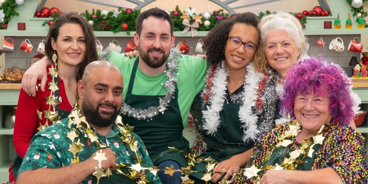 george, sophie, dan, amelia, linda, carole, the great british bake off christmas special 2023