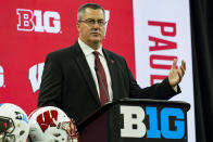 Wisconsin head coach Paul Chryst talks to reporters during an NCAA college football news conference at the Big Ten Conference media days, at Lucas Oil Stadium in Indianapolis, Friday, July 23, 2021. (AP Photo/Michael Conroy)