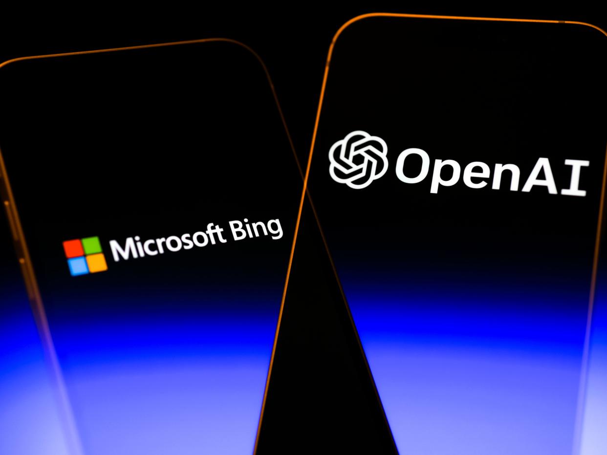 Microsoft's Bing logo next to ChatGPT maker OpenAI's logo.