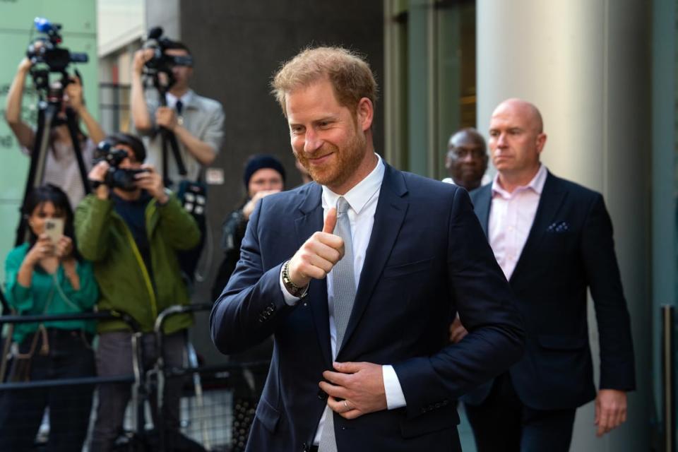 Prince Harry, Duke of Sussex, gives a thumbs up as he leaves after giving evidence at the Mirror Group Phone hacking trial at the Rolls Building at High Court in London.