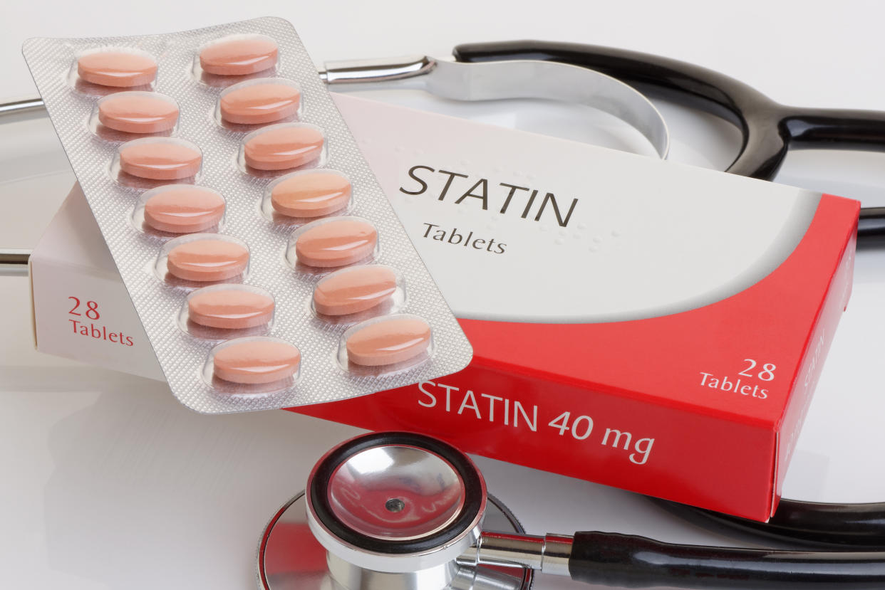 A generic pack of statins with a stethoscope.  A controversial anti cholesterol medication.All logos removed.