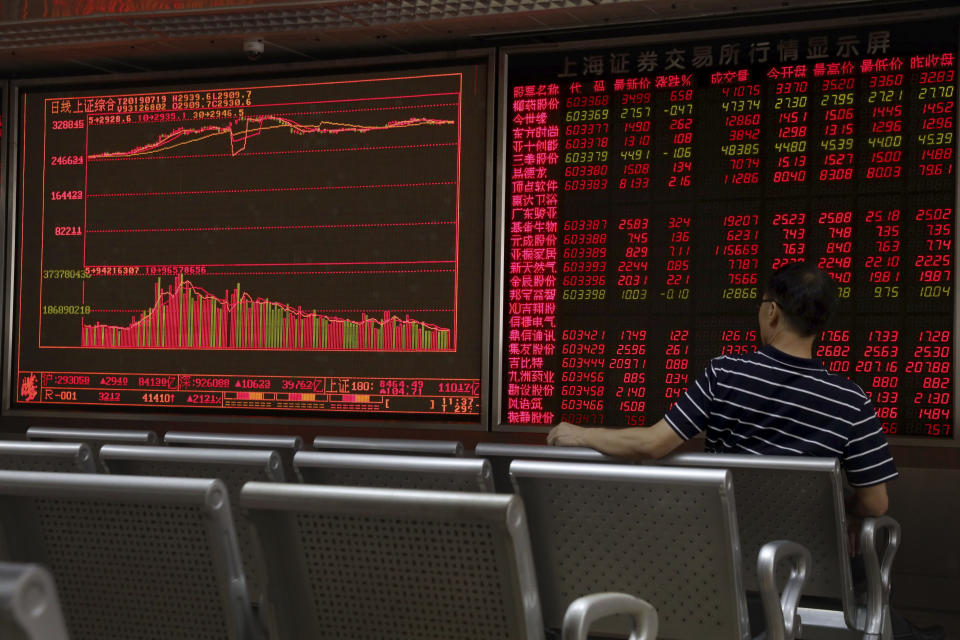 A Chinese man monitors stock prices at a brokerage in Beijing on Friday, July 19, 2019. Asian shares rebounded Friday on hopes for progress in trade talks between China and the U.S., extending overnight gains on Wall Street. (AP Photo/Ng Han Guan)