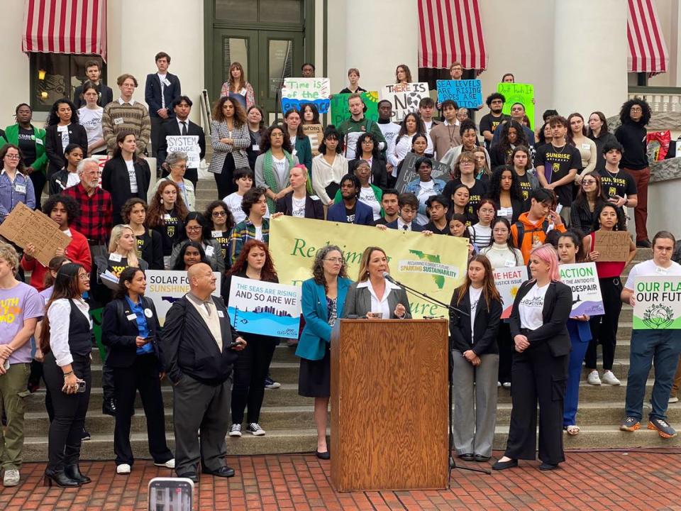 Yoca Arditi-Rocha, the executive director of the CLEO Institute, advocates for climate and energy policy at a press conference in Tallahassee on Jan. 24. Raymer Maguire