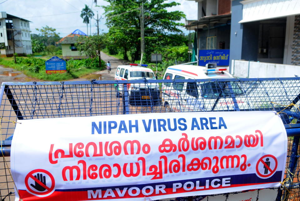 Kozhikode, India - September 08: (BILD ZEITUNG OUT) Road blockade due to Nipah affected areas at Chathamangalam panjayat on September 08, 2021 in Kozhikode, India. (Photo by C. K Thanseer/DeFodi images via Getty Images)