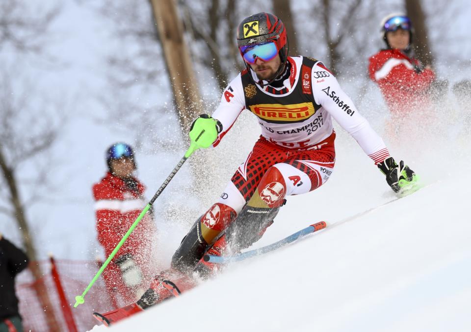 Austria's Marcel Hirscher competes during the men's slalom, at the alpine ski World Championships in Are, Sweden, Sunday, Feb. 17, 2019. (AP Photo/Alessandro Trovati)