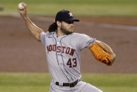 Houston Astros starting pitcher Lance McCullers Jr. (43) throws against the Arizona Diamondbacks during the first inning of a baseball game Wednesday, Aug. 5, 2020, in Phoenix. (AP Photo/Matt York)