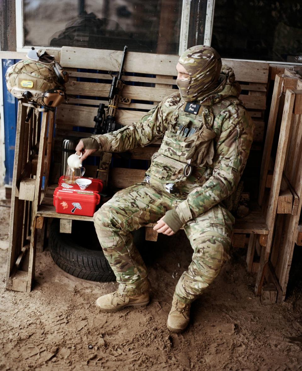 Kyrylo Meshkovskyi, volunteer, at the Backyard Camp training center in Kyiv, Ukraine, 2024. In civilian life, the 33-year-old is an entrepreneur who has volunteered to join the army in the early days of the Russian full-scale invasion of Ukraine. A big fan of tea, Kyrylo even brought special utensils for a traditional Japanese tea ceremony when he went to the front-line city of Bakhmut. (Brett Lloyd/Vogue Ukraine)