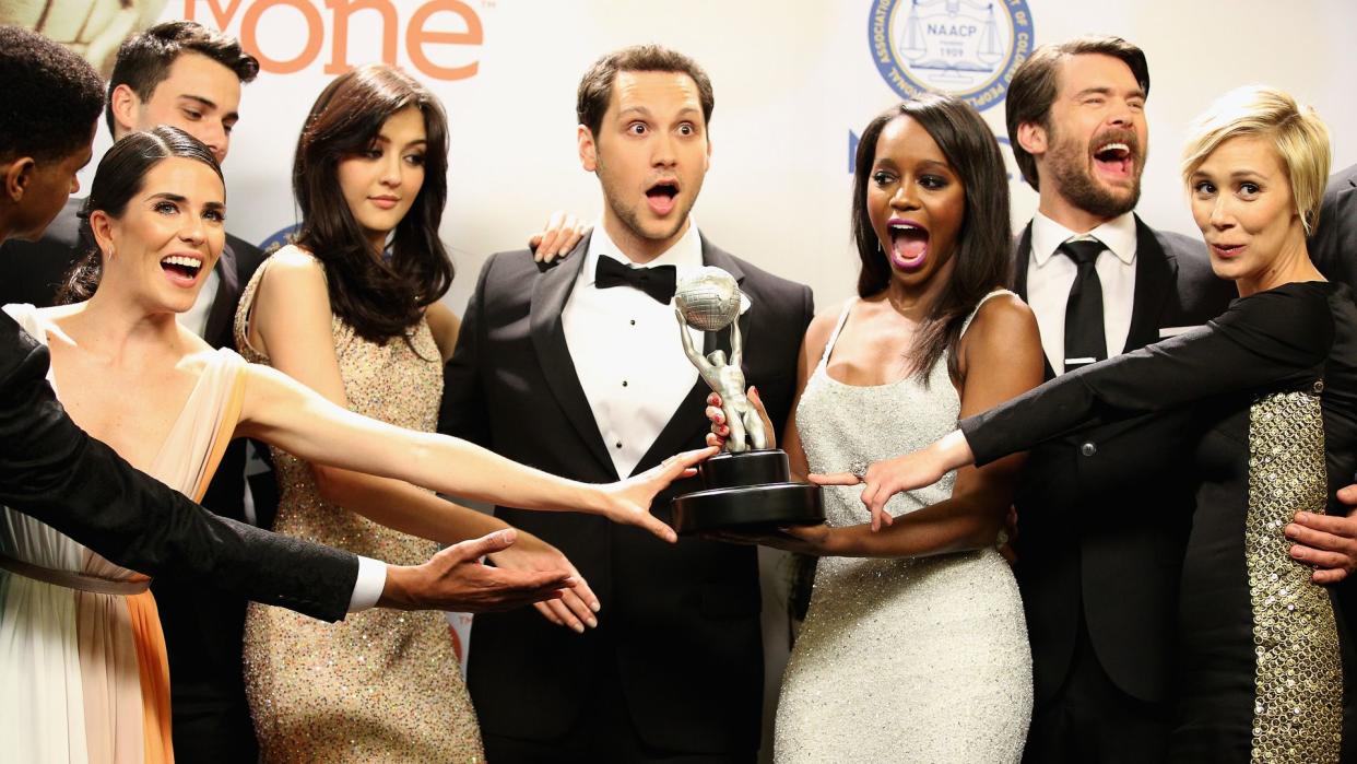 PASADENA, CA - FEBRUARY 06:  (L-R) Actor Alfred Enoch, actress Karla Souza, actor Jack Falahe, actress Katie Findlay, actor Matt McGorry, actress Aja Naomi King, actor Charlie Weber and actress Liza Weil of 'How to Get Away with Murder,' winner of the Outstanding Drama Series award, pose in the press room during the 46th NAACP Image Awards presented by TV One at Pasadena Civic Auditorium on February 6, 2015 in Pasadena, California.