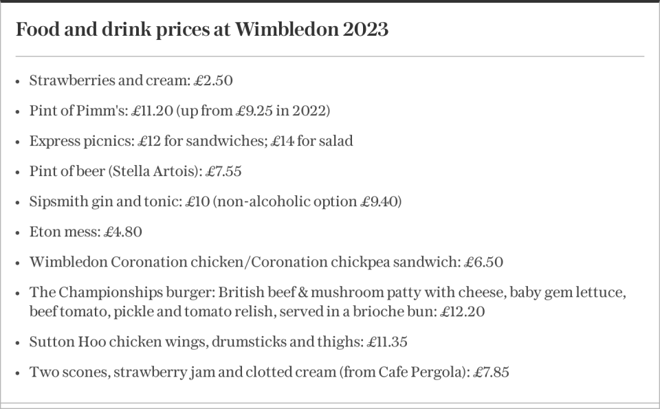 Food and drink prices at Wimbledon 2023