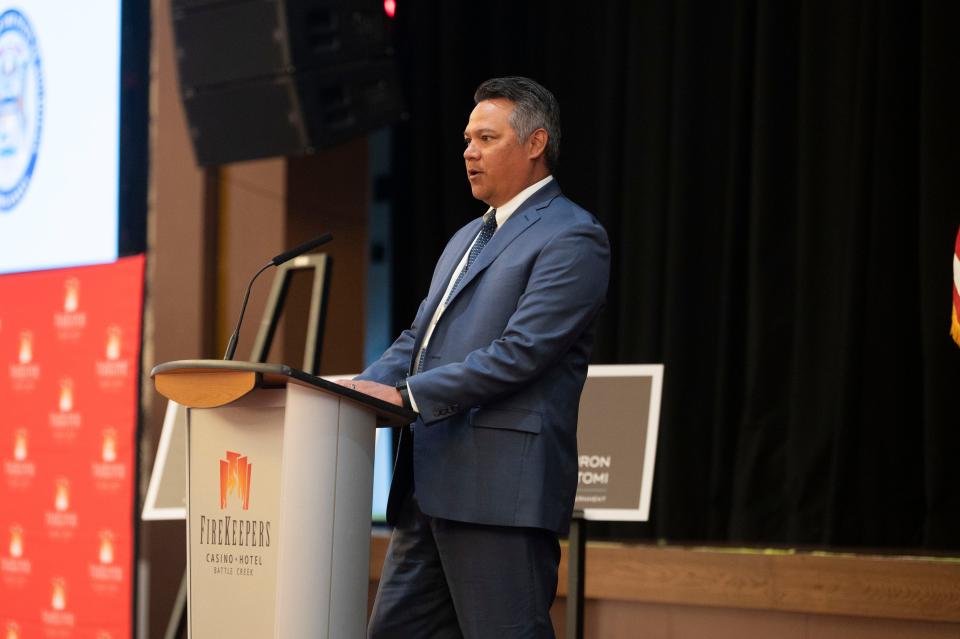 FireKeepers CEO Frank Tecumseh speaks during revenue sharing ceremonies at FireKeepers Casino Hotel on Thursday, March 14, 2024.