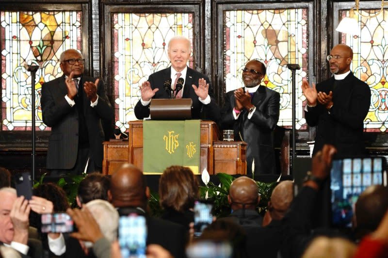 President Joe Biden acknowledges the crowd of supporters before delivering remarks at the Mother Emanuel AME Church in Charleston, S.C., on Monday. Photo by Richard Ellis/UPI