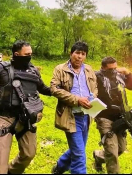 In this government handout photo provided by Mexico's Secretariat of the Navy, agents escort drug trafficker Rafael Caro Quintero, in Sinaloa state, Mexico, Friday, July 15, 2022, captured deep in the mountains of his home state. It was a 6-year-old bloodhound named "Max" who rousted Caro Quintero from the undergrowth. (Mexico's Secretariat of the Navy via AP)