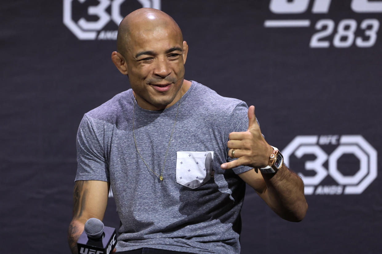 RIO DE JANEIRO, BRAZIL - JANUARY 20: Jose Aldo is seen on stage during a Q&A session prior to the UFC 283 weigh-in at Jeunesse Arena on January 20, 2023 in Rio de Janeiro, Brazil. (Photo by Buda Mendes/Zuffa LLC via Getty Images)