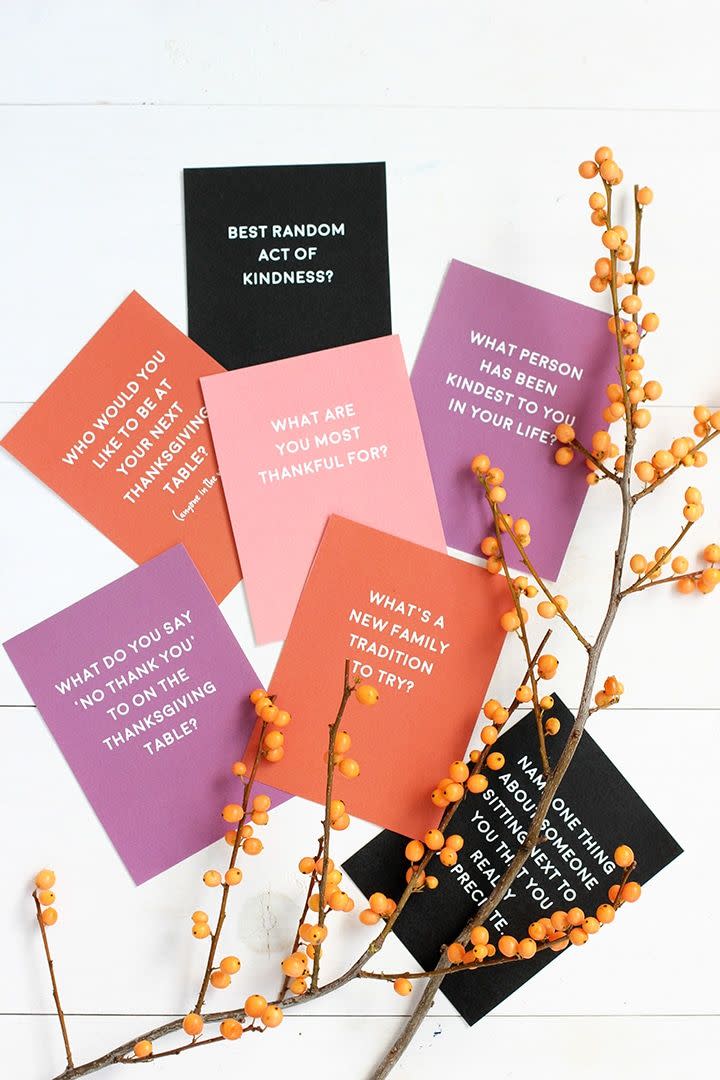 <p>Every family could use a few conversation starters from time to time. These printables focus on the joy of Thanksgiving, and are the perfect thing to have on hand in case your Zoom party starts to die down. </p><p><em><a href="https://www.aliceandlois.com/a-little-bit-of-everything-103/" rel="nofollow noopener" target="_blank" data-ylk="slk:Get the printable list at Alice and Lois »;elm:context_link;itc:0;sec:content-canvas" class="link ">Get the printable list at Alice and Lois »</a></em></p>